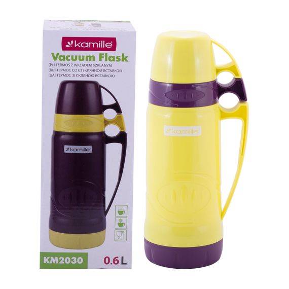 Термос жовтий 600ml пластиковий зі скляною колбою