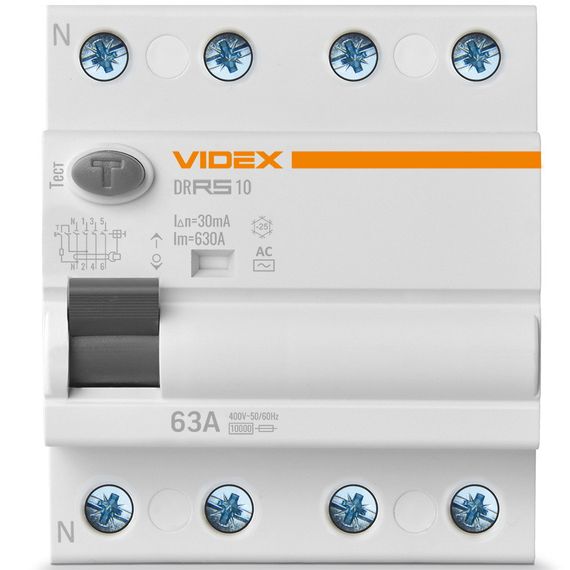 Пристрій захисного відключення (ПЗВ) VIDEX RESIST АС 4п 30мА 10кА 63А (VF-RS10-DR4AC63) | Зображення 1