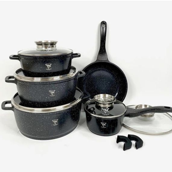 Набір кухонного посуду Top Kitchen TK00020 з мармуровим антипригарним покриттям 16 предметів Black VS-68
