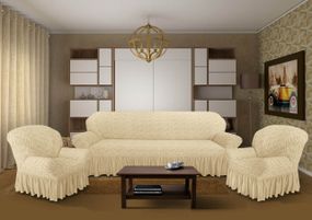 Жакардовий чохол на диван + 2 крісла з спідницею Ванільний