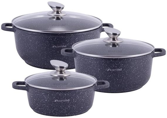 Набір 3 каструлі Kamille Landes Black 2.3л, 4.5л, 6.5л, з двома прихватками