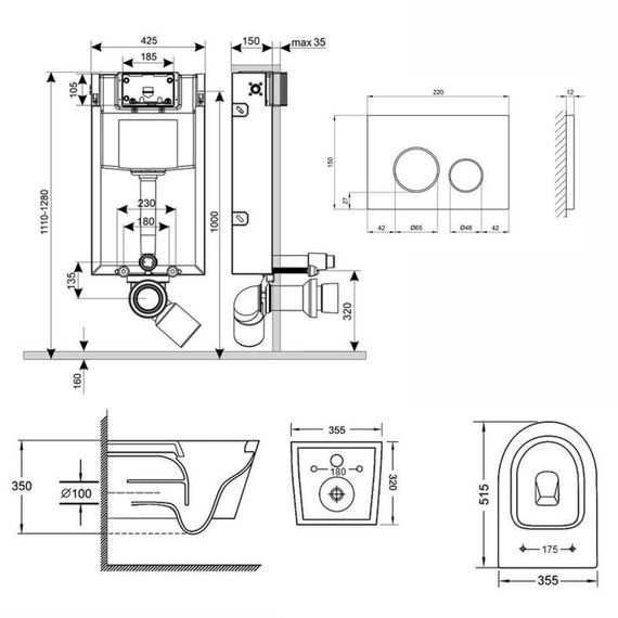 Готове рішення Qtap для ванної кімнати: підвісний унітаз Swan Rimless 520х360х320 + комплект інсталяції Nest 4 в 1 (кругла клавіша | Зображення 1