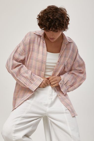 Сорочка в клітинку з відкладним комірцем - пудра цвет, ONE SIZE (є розміри)