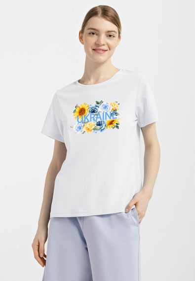 Футболка жіноча біла з принтом "Україна на квітах", M