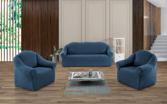 Жаккардовый чехол на диван + 2 кресла Stone без юбки индиго