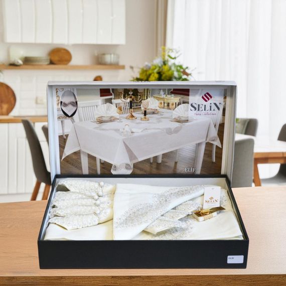 Льняная скатерть Selin Elif Set 160×350+12 салфеток кремовая | Зображення 1