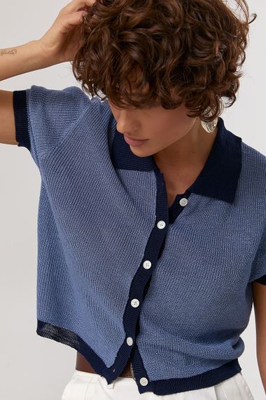 В'язане поло на ґудзиках із контрастною окантовкою - джинс цвет, ONE SIZE (є розміри)