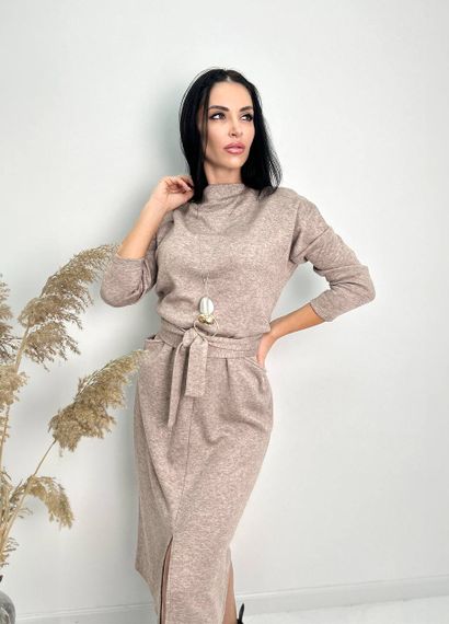 Женское теплое платье из двухсторонней ангоры с поясом GF08564 цвет бежевый, размер 42/44 | Зображення 1