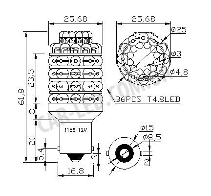 Светодиодная автолампа 1156(P21W)-S25-BAY15s-60led 3W (120Lm) TOWER | Зображення 1