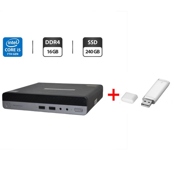 Неттоп HP ProDesk 400 G3 Desktop Mini USFF / Intel Core i5-7500T (4 ядра по 2,7 - 3,3 ГГц) / 16 ГБ DDR4 / 240 ГБ SSD / Intel UHD Graphics 630 / Блок живлення б/в + Подарунок Флеш-пам'ять USB 32 GB