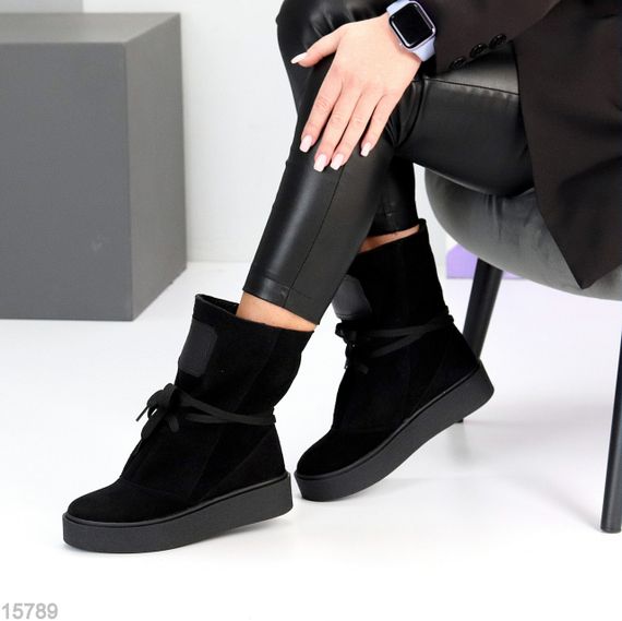 Дизайнерські зимові чорні високі черевики натуральна замша | Зображення 2