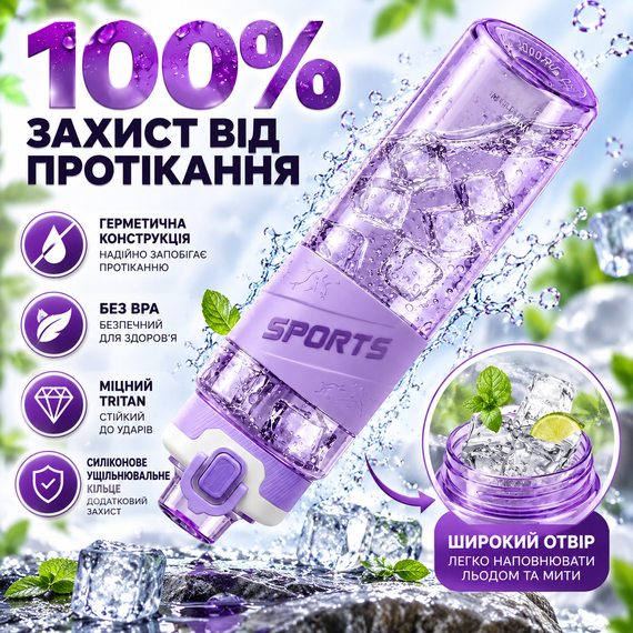 Пляшка для води KANGZYUAN 500 мл фіолетова спортивна з Tritan без BPA, ударостійка, з ергономічною кришкою | Зображення 4