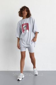 Жіночий костюм з футболкою oversize і велосипедками колір світло-сірий розмір L FL_000356