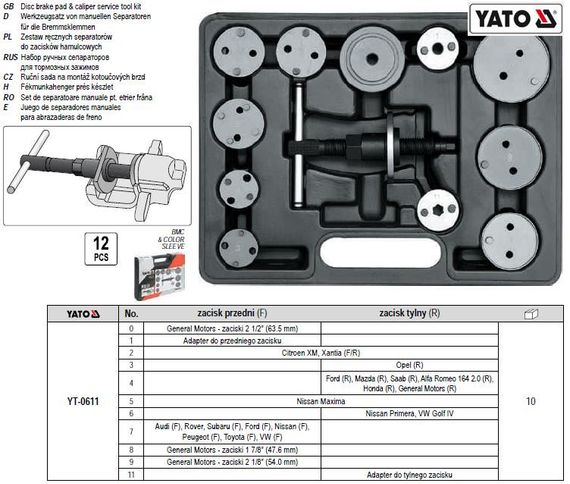Набор инструмента розтискання гальмивних цилиндрив YATO 12 предметив YT-0611