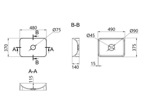 Раковина накладна Qtap Tern Anthracite, прямокутна, з донним клапаном QT17116069AN | Зображення 1