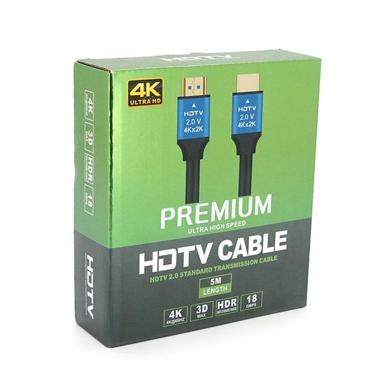 Кабель Merlion HDMI-HDMI 4Kx2K Ultra HD, 5.0m, v2,0, круглий Black, коннектор Blue, Blister-box, Q50 | Зображення 1