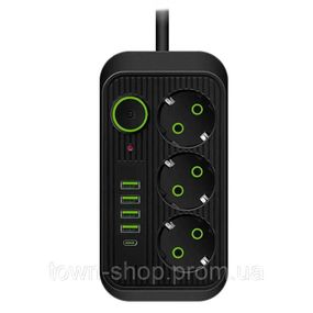 Сетевой фильтр F09U, 3 розетки EU + 4 USB + 1PD, кнопка включения с индикатором, 2 м, 3х0,75мм, 2500W, Black,