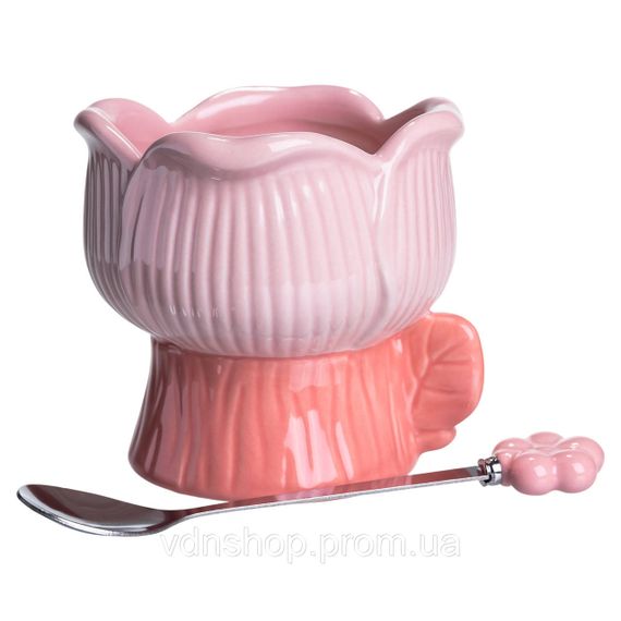 Креманка порцелянова з ложкою у формі квітки 300 (мл) креманка для десертів, морозива та желе Рожевий FM-42P | Зображення 1