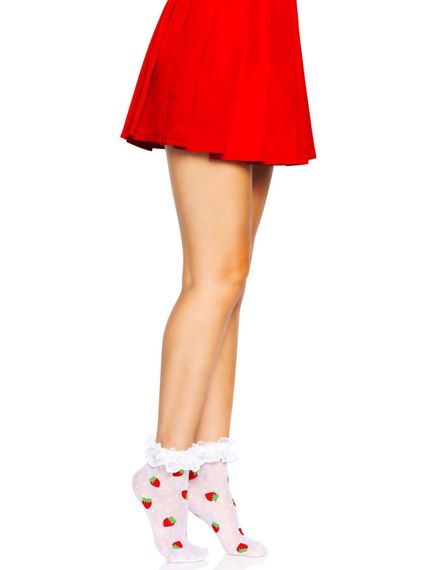 Носки женские с клубничным принтом Leg Avenue Strawberry ruffle top anklets One size, кружевные манж | Зображення 5