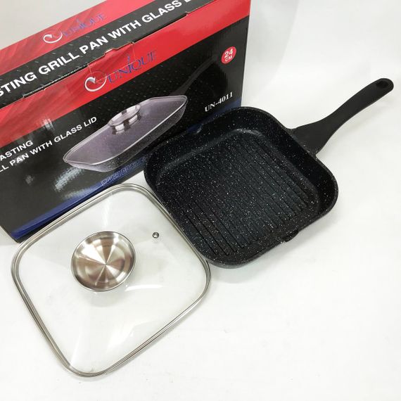 Сковорода-гриль Unique UN-4011 з кришкою 24см, Сковорода для приготування на плиті з товстим дном | Зображення 1