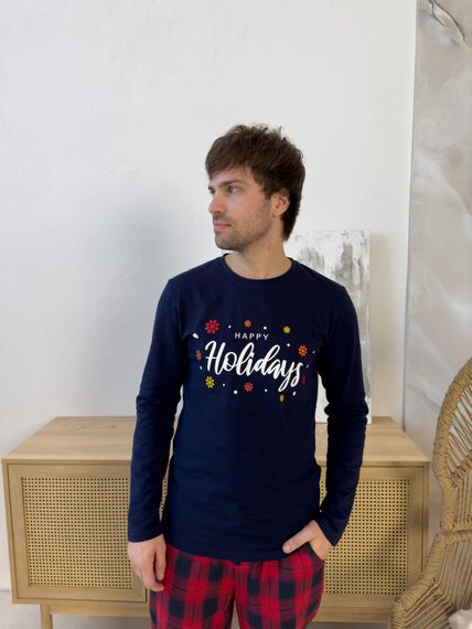 Лонгслів чоловічий "Happy Holidays" синій | Зображення 1