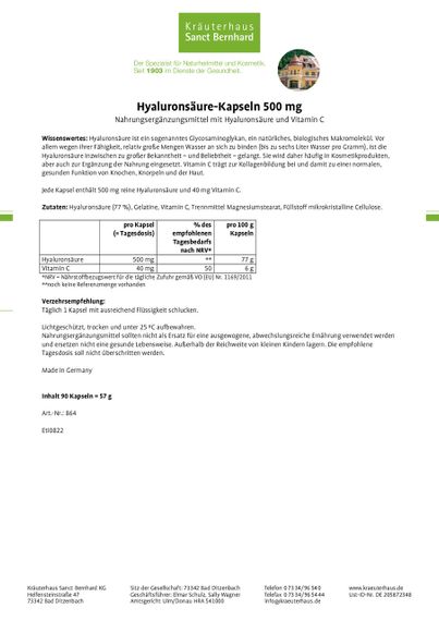 Гіалуронова кислота в капсулах "Sanct Bernhard" для суглобів, пружності шкіри, 500 мг., 90 шт., Німеччина | Зображення 1