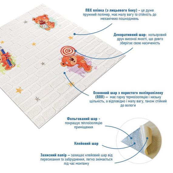 Панель стінова 3D 700*700*4mm ведмедики на білому фоні (D) SW-00001975 | Зображення 1