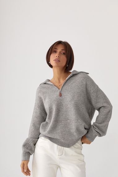 В'язаний однотонний светр із блискавкою - сірий цвет, ONE SIZE (є розміри) | Зображення 4