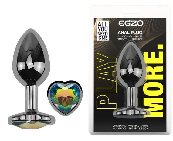 Анальная пробка EGZO Dark Silver Heart Plug Rainbow с кристаллом, металлическая, размер M Sex Aura