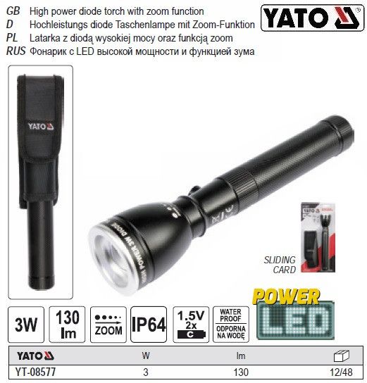 Фонарь YATO Польша диодный водонепроницаемый 3 Вт 3 режима YT-08577