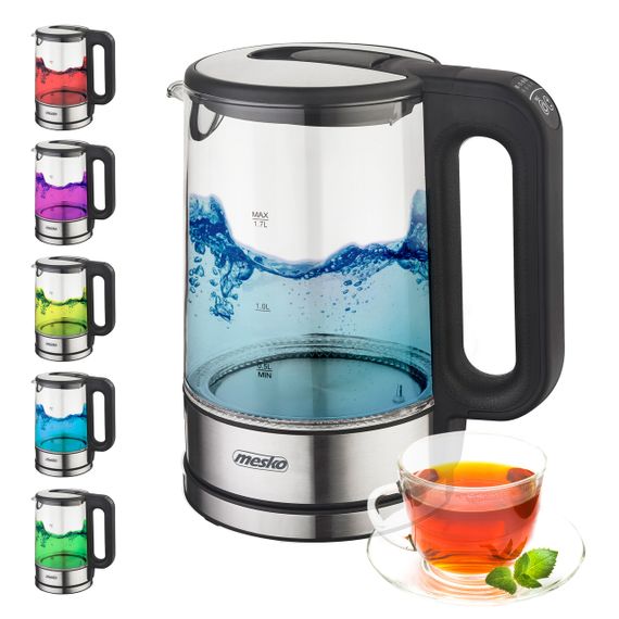 Електрочайник скляний Mesko MS 1301 чорний 1,7 л, 2200 Вт, з регулюванням температури та підсвіткою
