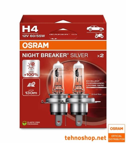 Лампа H4 12V 60W P43t NIGHT BREAKER SILVER +100% OSRAM 64193NBS-1BL