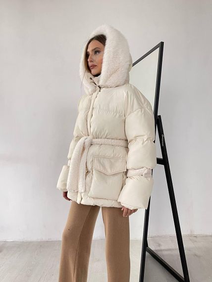 Пуховик с опушкой и капюшоном Cresh Puffer, молочный | Зображення 3