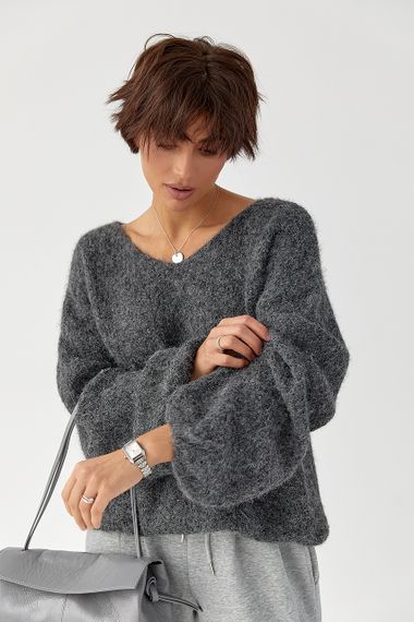В’язаний жіночий джемпер з рукавами-ліхтариками - темно-сірий цвет, ONE SIZE (є розміри) | Зображення 4