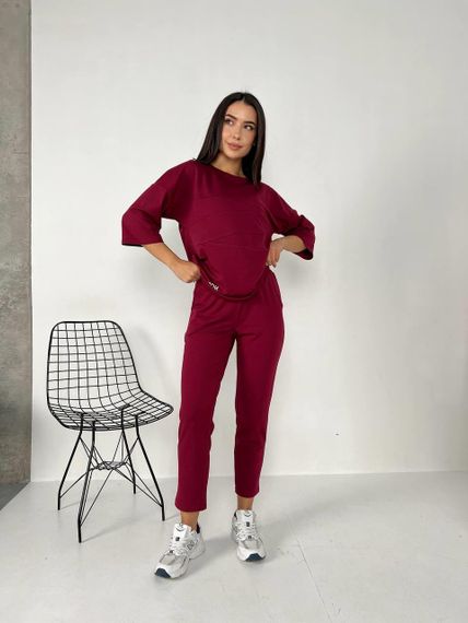 Женский спортивный прогулочный костюм с укороченными штанами NB24003 бордовый, размер 46/48