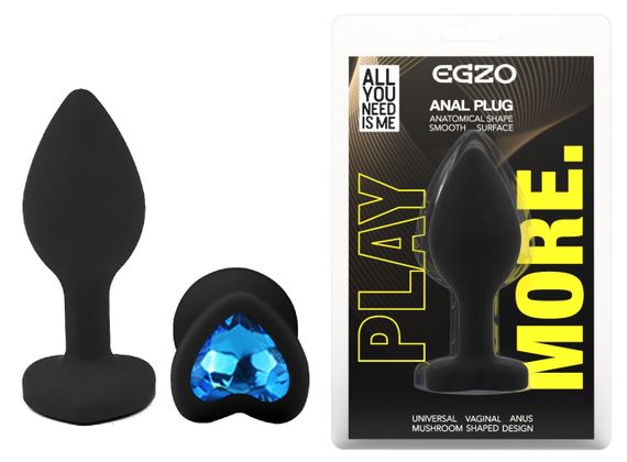 Силіконова анальна пробка EGZO - Silicone Black Heart Plug Blue, size S Sex Aura