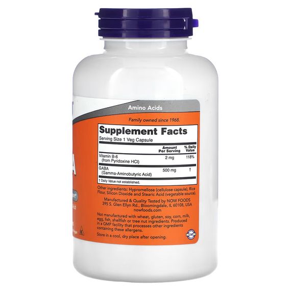 Гамма-аминомасляная кислота NOW Foods Gaba 500 mg 200 vcaps | Зображення 1