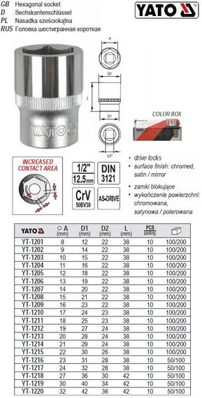 Головка 6-гранна коротка 1/2" М11х38 мм Польща YATO YT-1204