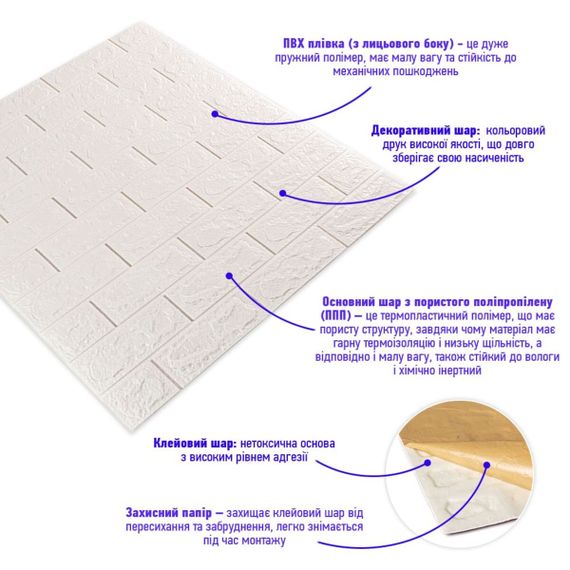 3D панель самоклеюча 700х770х5мм цегла Білий (001-5) SW-00000029 | Зображення 1