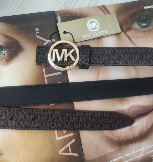 Модний шкіряний ремінь Michael Kors коричневий пряжка золото | Зображення 1