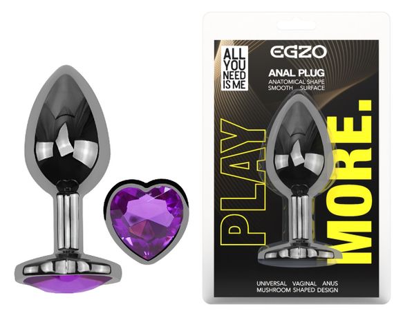 Анальна пробка з кристалом EGZO - Dark Silver Heart Plug Purple size M