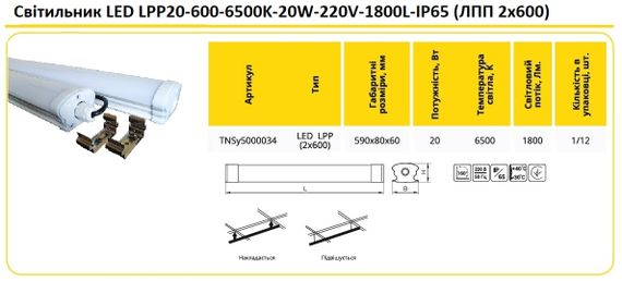 Світильник LED LPP20-600 6500K 20W 1800L IP65 Ny95000034 | Зображення 1