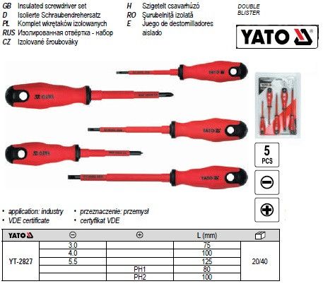 Набор отвертки YATO Польша изолированная диэлектрическая электрика 1000V 5 штук YT-2827