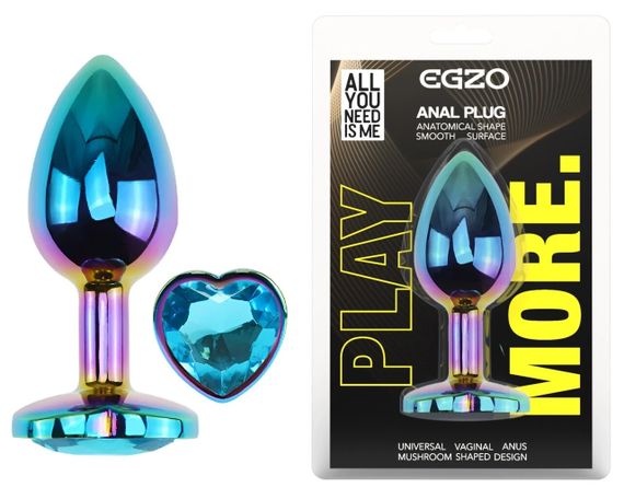 Анальная пробка EGZO Multicolor Heart Plug M с голубым кристаллом, металлическая Sex Aura