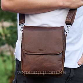 Барсетка з клапаном через плече 24х20х6, чоловіча сумка з гладкою шкірою Tiding Bag TD-81020 коричнева