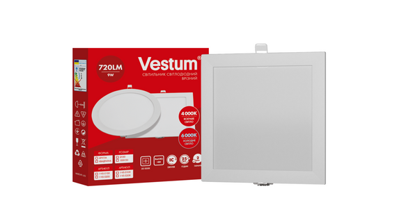 Квадратний світлодіодний врізний світильник  Vestum 9W 4000K 220V 1-VS-5203 | Зображення 3