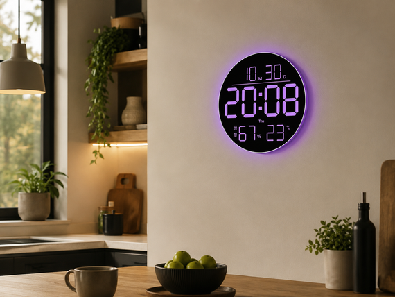 Годинник настінний 6695R/Настінний годинник круглий RGB з пультом/ Календарем, температура, вологість | Зображення 4