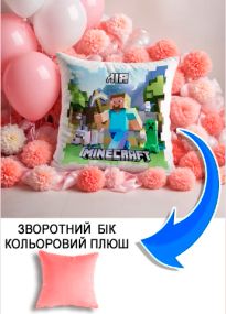 Подушка плюшева Мерч Крафт Дизайн з принтом minecraft 3 імя Лiя рожевий плюш квадратна 33х33 см