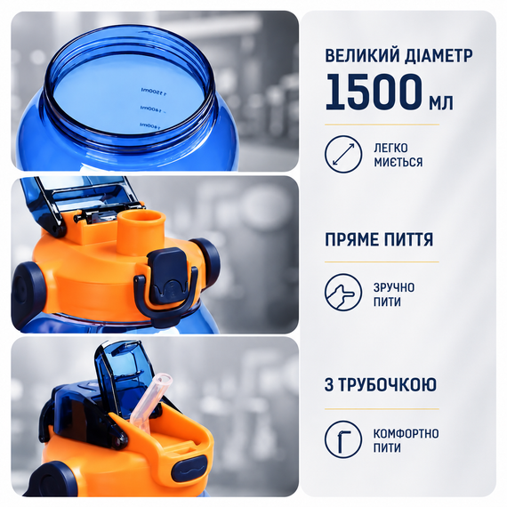 Спортивная бутылка для воды 1500 мл (1.5 л) с трубочкой и ремешком, Градиент Желто-Синий | Зображення 2