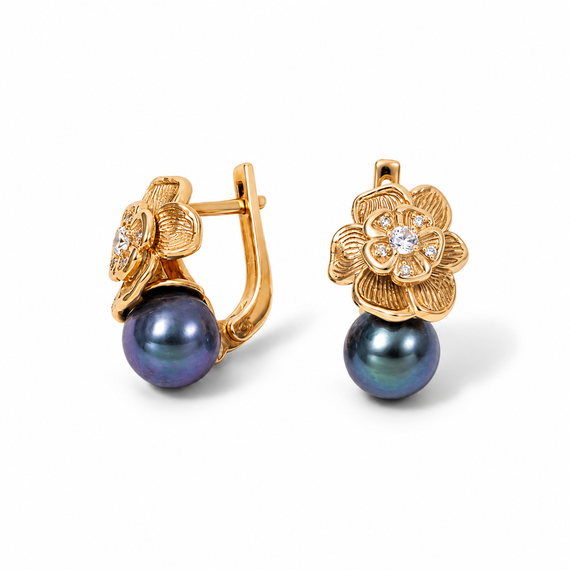 Серьги из желтого золота 585 пробы с черным жемчугом S-0399